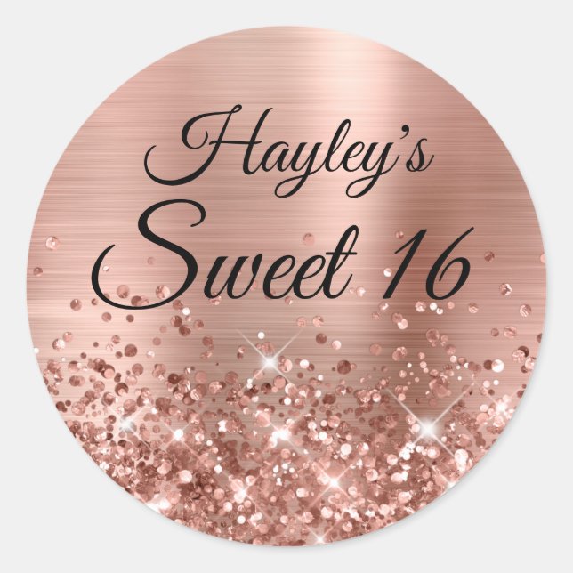 Glittery Rose Gold Faux Foil Sweet 16 Classic Round Sticker (Front)