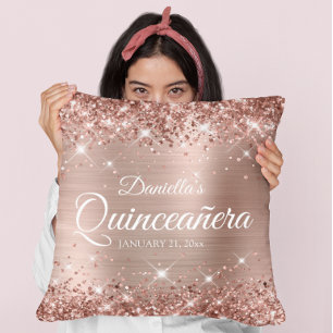 Glittery Rose Gold Foil 15 Quinceañera Cushion