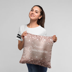 Glittery Rose Gold Foil 15 Quinceañera Cushion