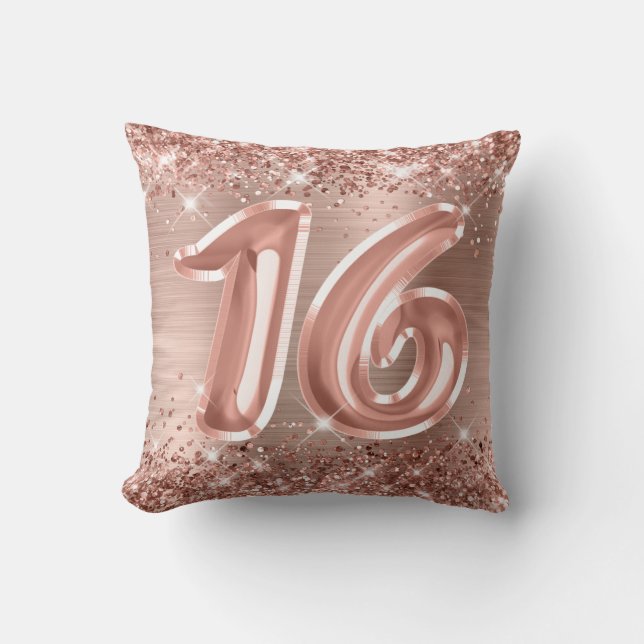 Glittery Rose Gold Foil 16th Birthday Cushion (Front)