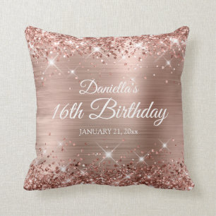Glittery Rose Gold Foil 16th Birthday Cushion