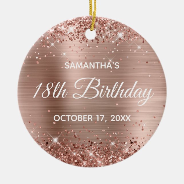Glittery Rose Gold Foil 18th Birthday Ceramic Tree Decoration (Front)