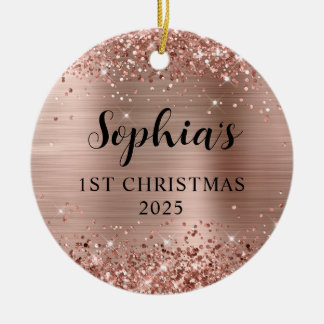 Glittery Rose Gold Foil 1st Christmas Photo Ceramic Tree Decoration