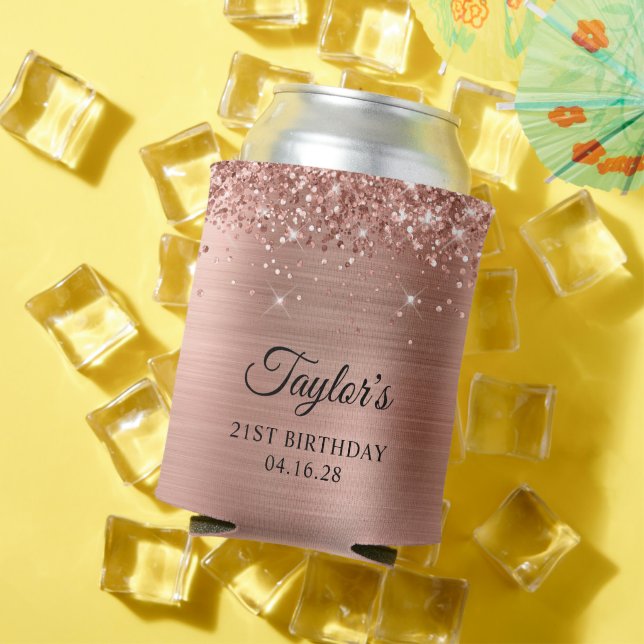 Glittery Rose Gold Foil 21st Birthday Can Cooler (In Situ Summer)