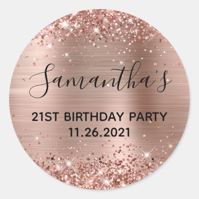 Glittery Rose Gold Foil 21st Birthday Party Classic Round Sticker (Front)
