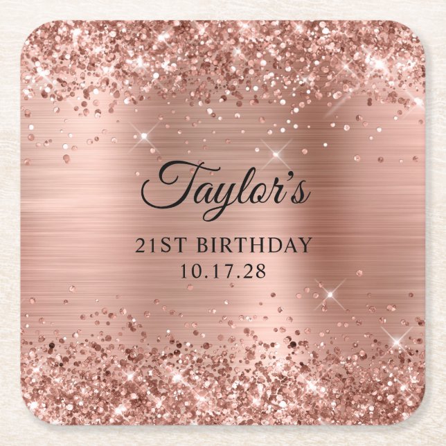 Glittery Rose Gold Foil 21st Birthday Square Paper Coaster (Front)