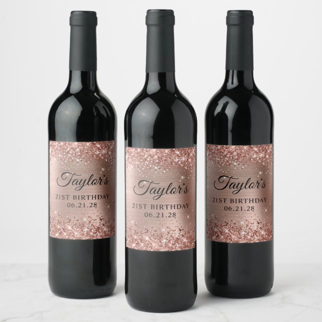 Glittery Rose Gold Foil 21st Birthday Wine Label (Bottles)