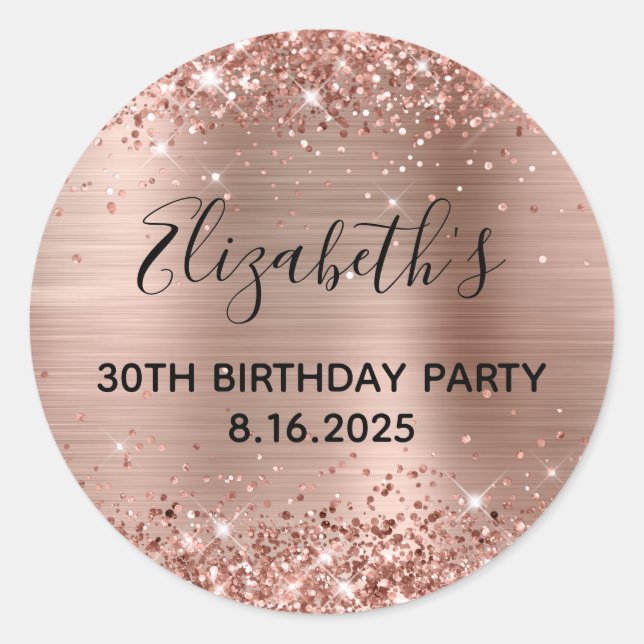 Glittery Rose Gold Foil 30th Birthday Party Classic Round Sticker (Front)