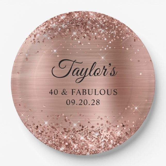 Glittery Rose Gold Foil 40 & Fabulous Paper Plate (Front)