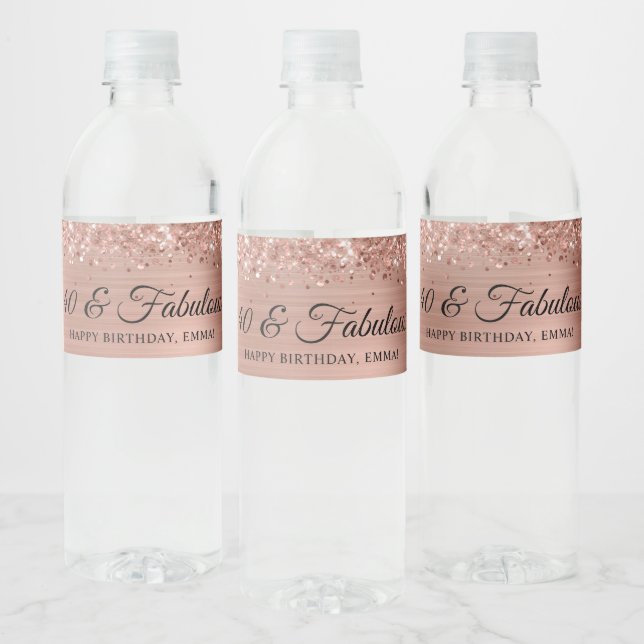 Glittery Rose Gold Foil 40 & Fabulous Water Bottle Label (Bottles)