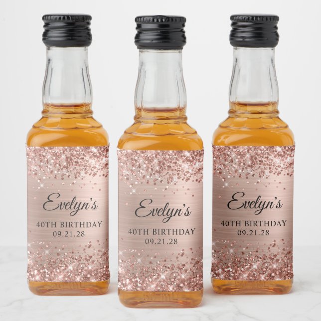 Glittery Rose Gold Foil 40th Birthday Liquor Bottle Label (Bottles)