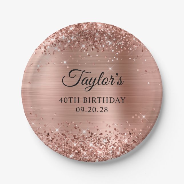 Glittery Rose Gold Foil 40th Birthday Paper Plate (Front)