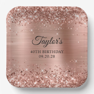 Glittery Rose Gold Foil 40th Birthday Paper Plate