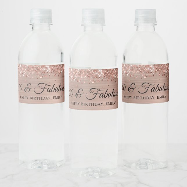 Glittery Rose Gold Foil 50 & Fabulous Water Bottle Label (Bottles)