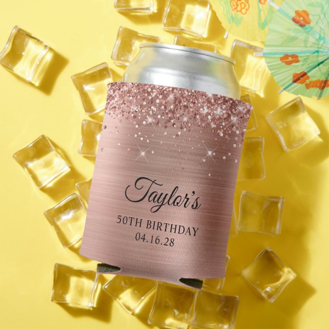 Glittery Rose Gold Foil 50th Birthday Can Cooler (In Situ Summer)