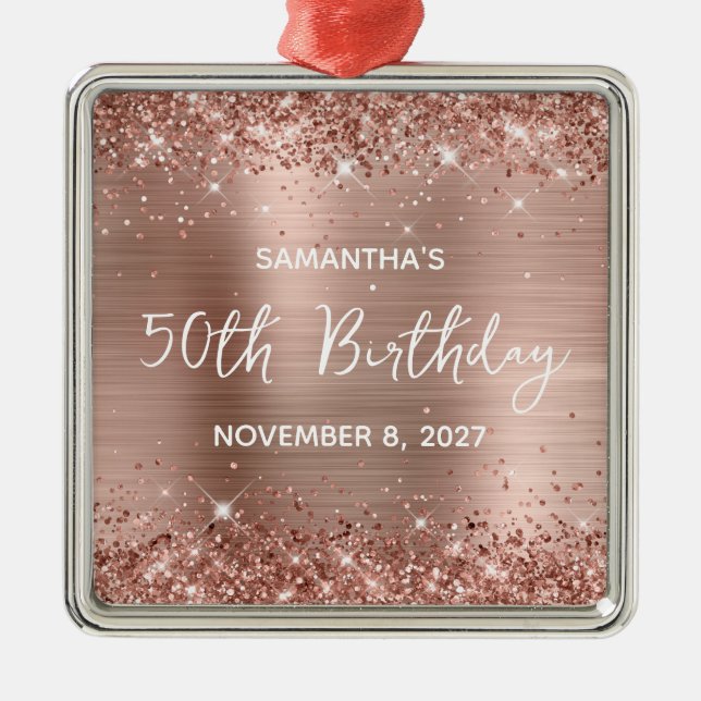 Glittery Rose Gold Foil 50th Birthday Metal Tree Decoration (Front)