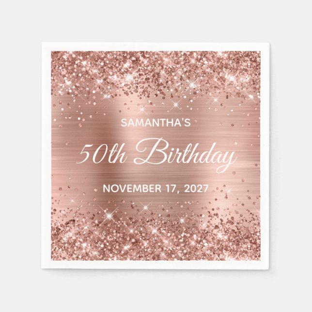Glittery Rose Gold Foil 50th Birthday Napkin (Front)