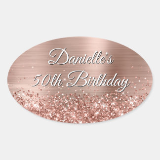 Glittery Rose Gold Foil 50th Birthday Oval Sticker