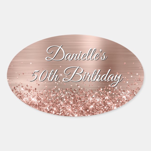 Glittery Rose Gold Foil 50th Birthday Oval Sticker (Front)