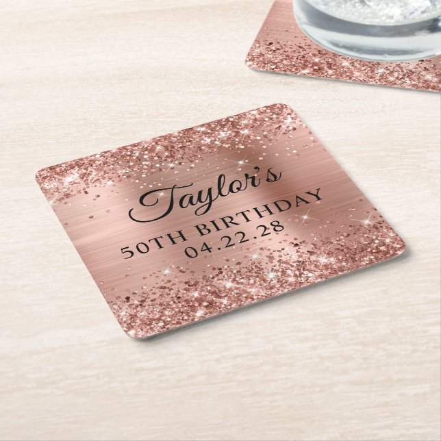 Glittery Rose Gold Foil 50th Birthday Square Paper Coaster (Angled)