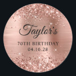 Glittery Rose Gold Foil 70th Birthday Classic Round Sticker<br><div class="desc">Create your own 70th birthday party favour stickers. Girly faux sparkly rose gold glitter on the top and bottom edge, over a faux pink blush rose gold brushed metal style ombre foil. Customise the font styles to create your own favour sticker design for her special celebration. A classic elegant calligraphy...</div>