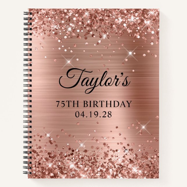 Glittery Rose Gold Foil 75th Birthday Guest Notebook (Front)