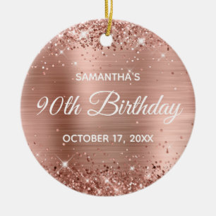 Glittery Rose Gold Foil 90th Birthday Ceramic Tree Decoration