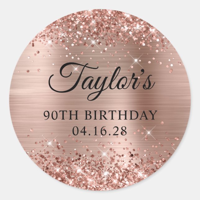 Glittery Rose Gold Foil 90th Birthday Classic Round Sticker (Front)