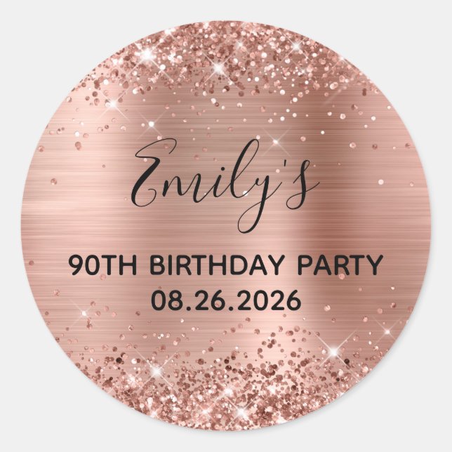 Glittery Rose Gold Foil 90th Birthday Party Classic Round Sticker (Front)