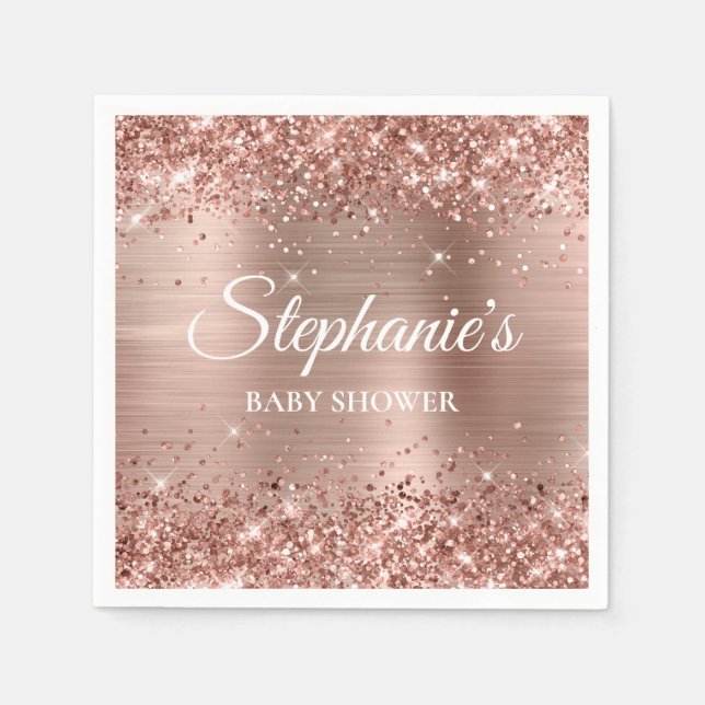 Glittery Rose Gold Foil Baby Shower Napkin (Front)