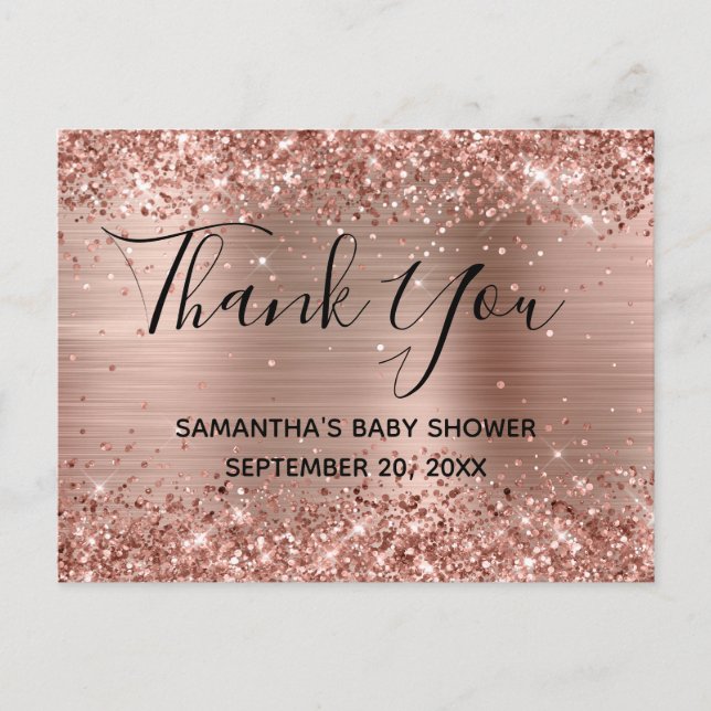 Glittery Rose Gold Foil Baby Shower Thank You Postcard (Front)
