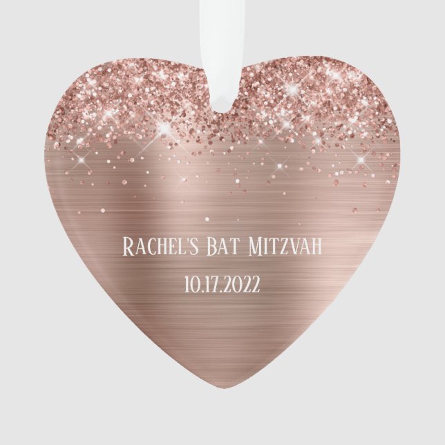 Glittery Rose Gold Foil Bat Mitzvah Heart Ornament (Front)