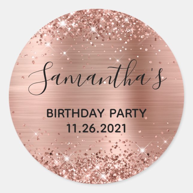 Glittery Rose Gold Foil Birthday Party Classic Round Sticker (Front)