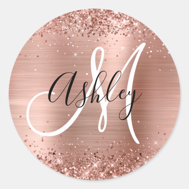 Glittery Rose Gold Foil Black and White Monogram Classic Round Sticker (Front)