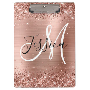 Glittery Rose Gold Foil Black and White Monogram Clipboard