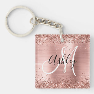 Glittery Rose Gold Foil Black and White Monogram Key Ring