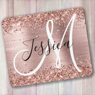 Glittery Rose Gold Foil Black and White Monogram Mouse Mat