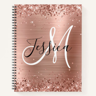 Glittery Rose Gold Foil Black and White Monogram Notebook