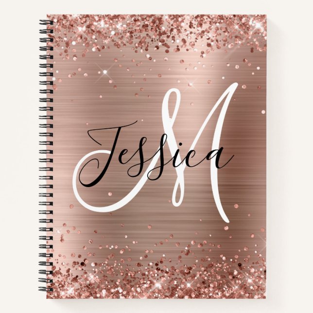 Glittery Rose Gold Foil Black and White Monogram Notebook (Front)