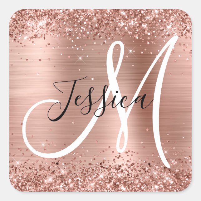 Glittery Rose Gold Foil Black and White Monogram Square Sticker (Front)