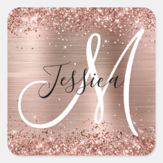 Glittery Rose Gold Foil Black and White Monogram Square Sticker