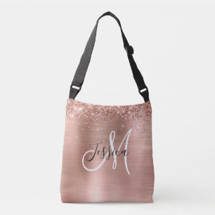 Glittery Rose Gold Foil Black White Monogrammed Crossbody Bag