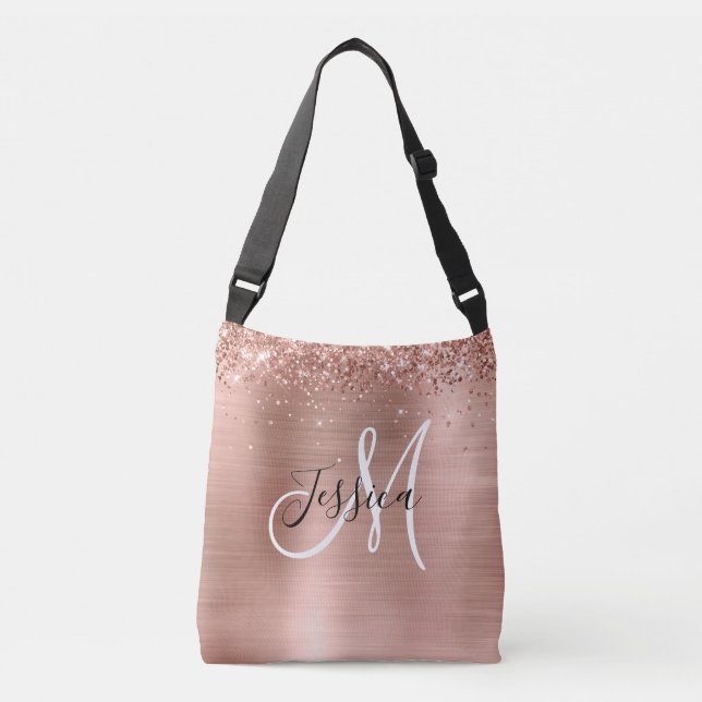 Glittery Rose Gold Foil Black White Monogrammed Crossbody Bag (Front)