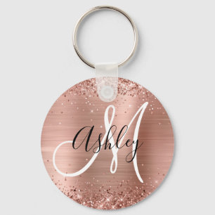 Glittery Rose Gold Foil Black White Monogrammed Key Ring