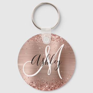 Glittery Rose Gold Foil Black White Monogrammed Key Ring