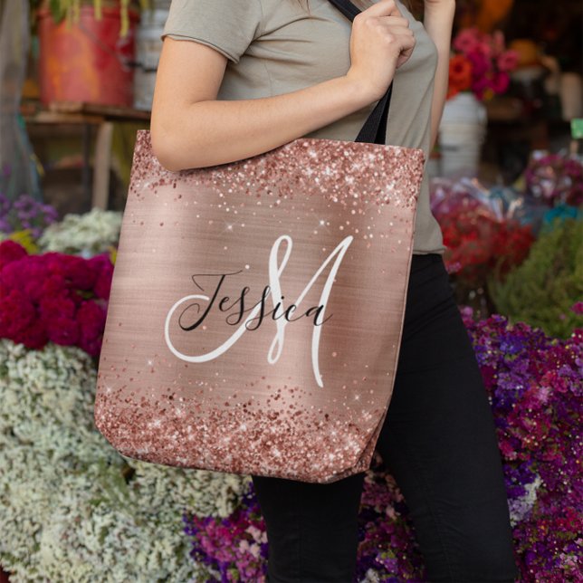 Glittery Rose Gold Foil Black White Monogrammed Tote Bag (Glittery Rose Gold Foil Black White Monogrammed Tote Bag)