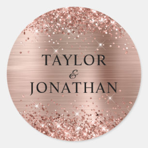 Glittery Rose Gold Foil Bride & Groom Wedding Classic Round Sticker