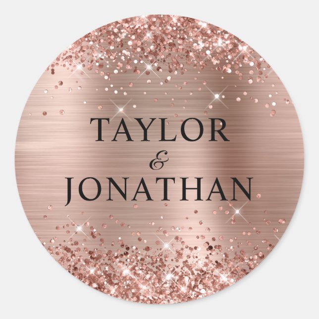 Glittery Rose Gold Foil Bride & Groom Wedding Classic Round Sticker (Front)