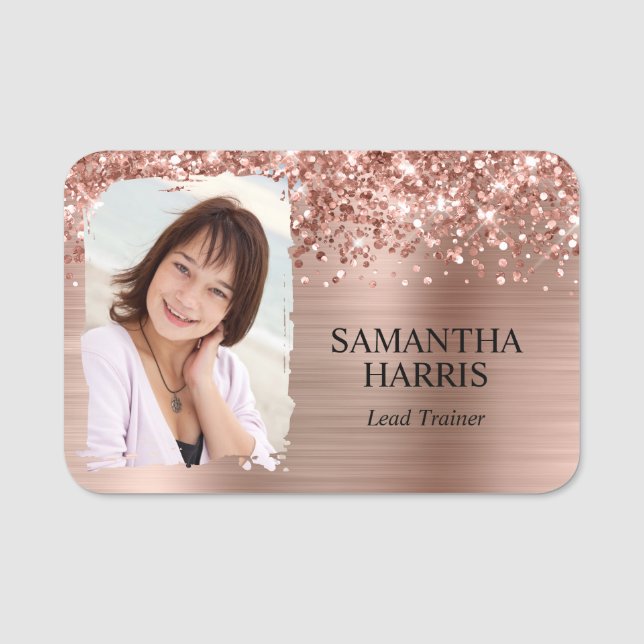 Glittery Rose Gold Foil Brushstroke Photo Name Tag (Front)