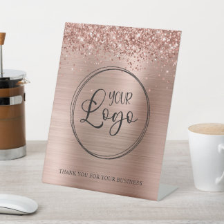 Glittery Rose Gold Foil Business Logo Pedestal Sign